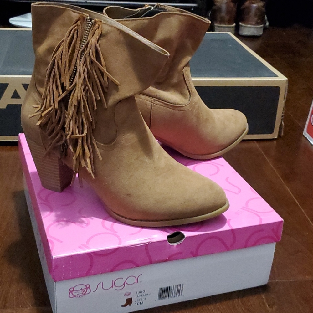 Sugar Tuko Tan Suede Zip Up Booties with fringe
